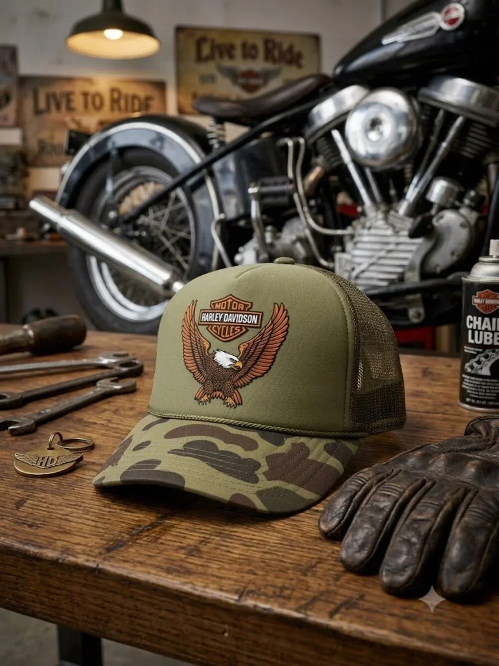 Retro Harley Biker Trucker Hat Vintage Eagle Camo Foam Snapback Motorcycles 80s